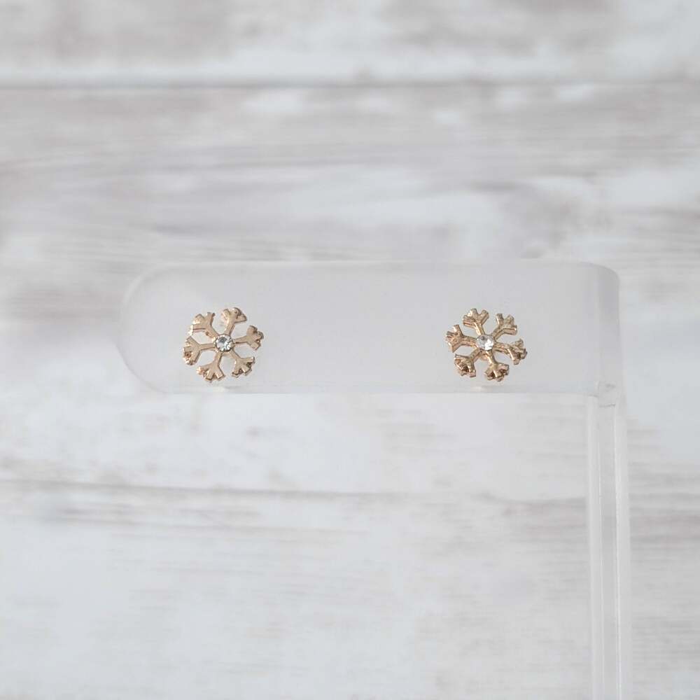 Stud Earrings - Gold Tone Snowflake with Clear Gem - Small Dainty - Winter Theme